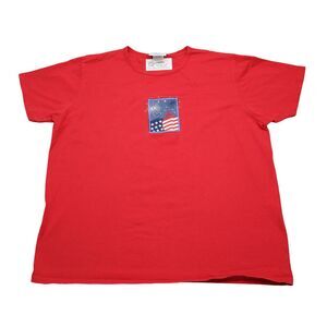 USA Flag Shirt Mens XL Red MC Short Sleeve Crew Neck Knit Cotton Embroidered Tee